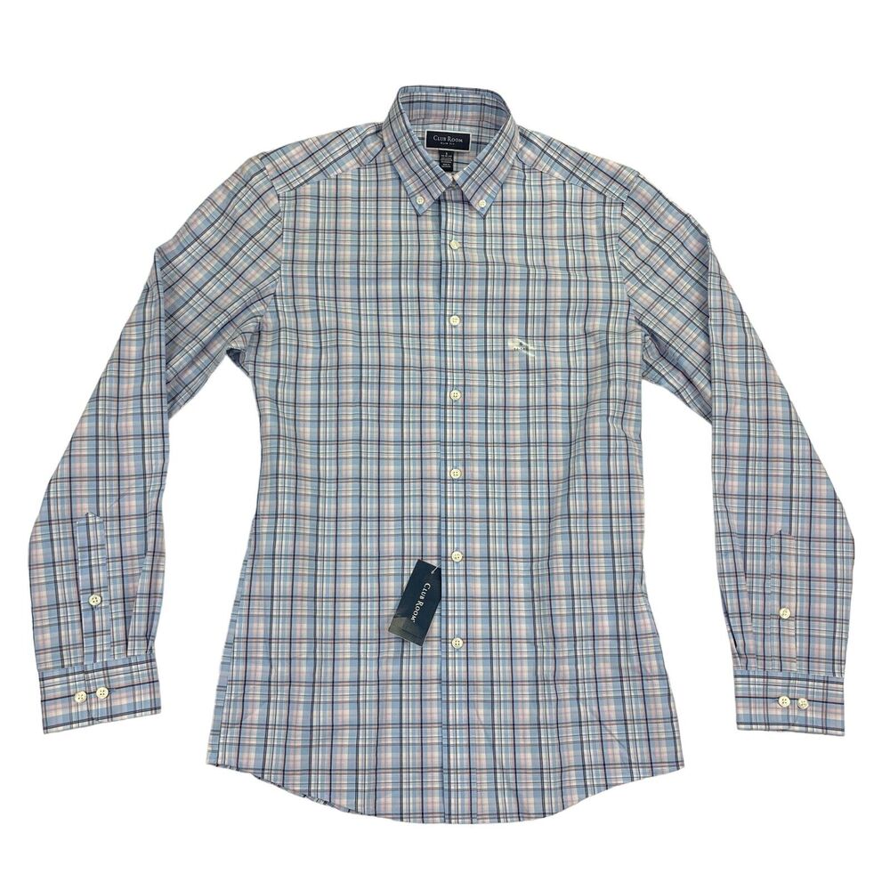 Club Room Mens Slim Fit Stretch Plaid Dress Shirt Light Blue Pink S 14-14.5